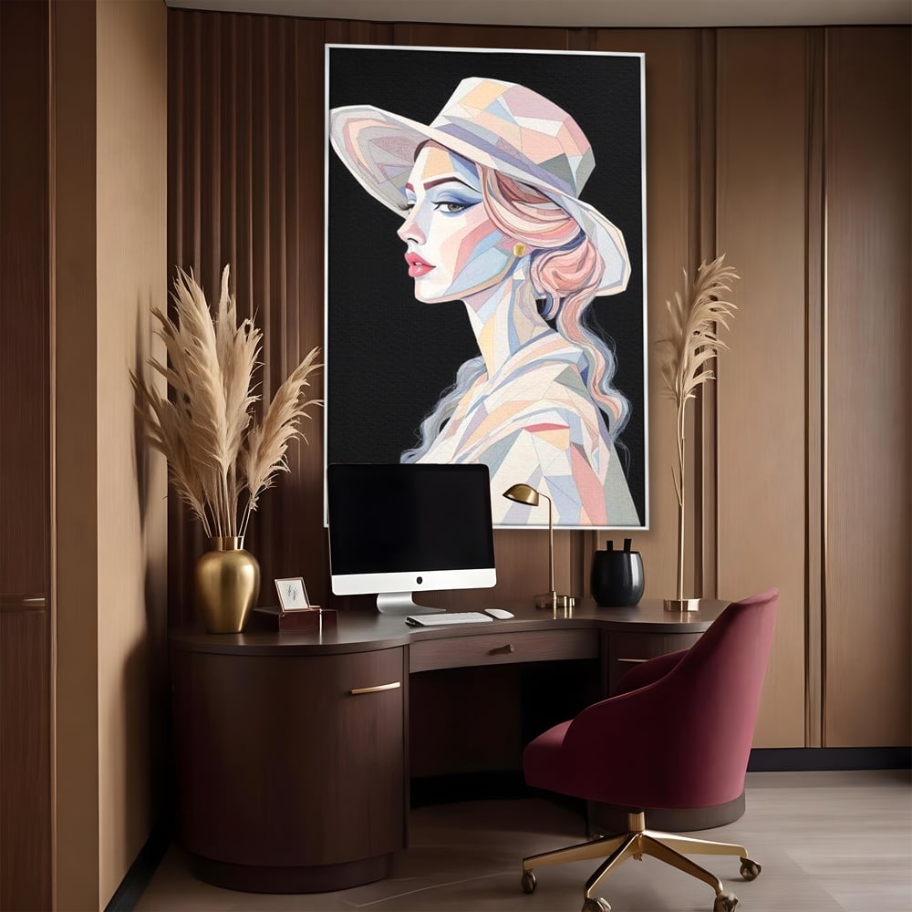 Tablou canvas cu tablou canvas cu femeie in stil cubist, in rama de aluminiu argintiu, pe perete intr-un birou